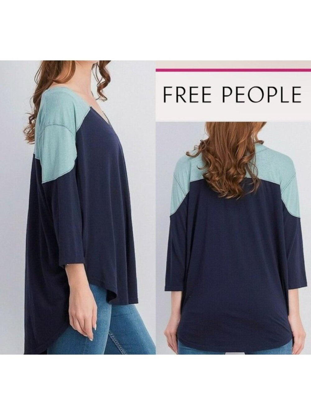 We The Free People Size S Womens Two Tone V Neck Oversized Baseball Tee Top Boho